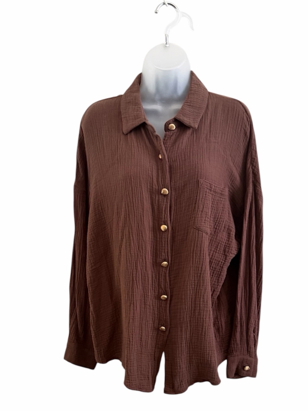 Relaxed Button-Down Gauze Shirt in Cocoa Brown